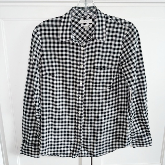 J. Crew Black/White Gingham Button Down  Boy Shirt Cotton/Modal Stretch Sz 0 - Picture 2 of 13